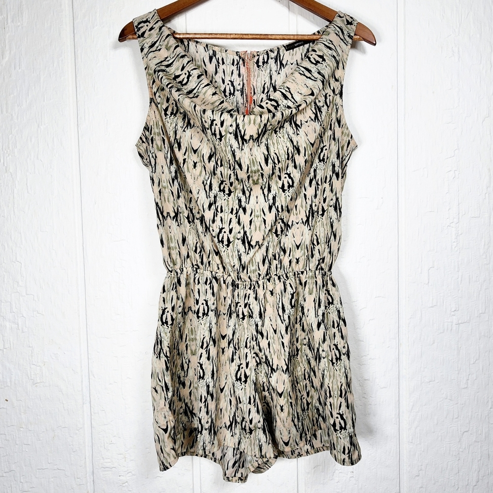 Neutral, delicate print, cowl-neck, Sleeveless Romper. Cool, lightweight